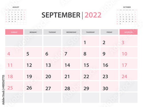 Calendar 2022 template, September 2022 layout, Printable minimalist monthly planner, Desk Calendar 2022 template, Wall calendar design, Week Start On Sunday, Stationery, printing, pink color, vector