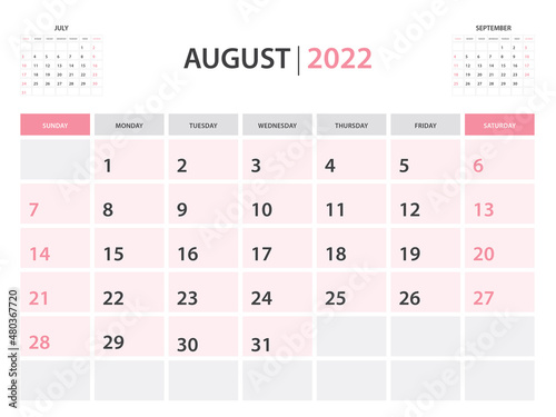 Calendar 2022 template, August 2022 layout, Printable minimalist monthly planner, Desk Calendar 2022 template, Wall calendar design, Week Start On Sunday, Stationery, printing, pink color, vector