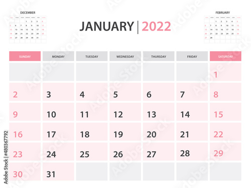 Calendar 2022 template, January 2022 layout, Printable minimalist monthly planner, Desk Calendar 2022 template, Wall calendar design, Week Start On Sunday, Stationery, printing, pink color, vector