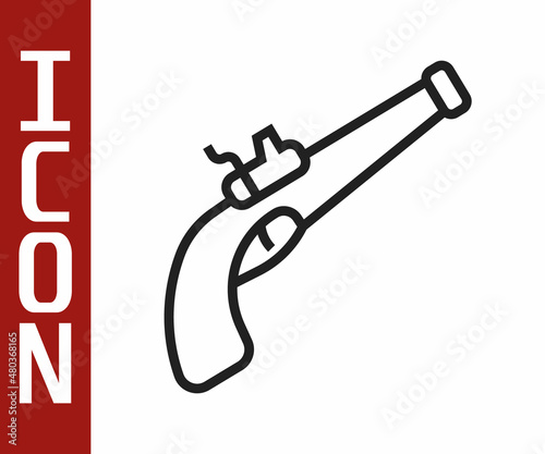 Black line Vintage pistol icon isolated on white background. Ancient weapon. Vector