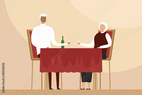 Retirees have dinner in restaurant. Vector illustration.