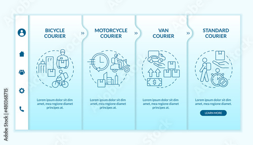 Courier delivery business onboarding template. Parcel shipment. Responsive mobile website with linear concept icons. Web page walkthrough 4 step screens. Lato-Bold, Regular fonts used