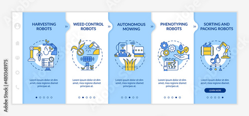 Agricultural innovations blue and white onboarding template. Weed control. Responsive mobile website with linear concept icons. Web page walkthrough 5 step screens. Lato-Bold, Regular fonts used