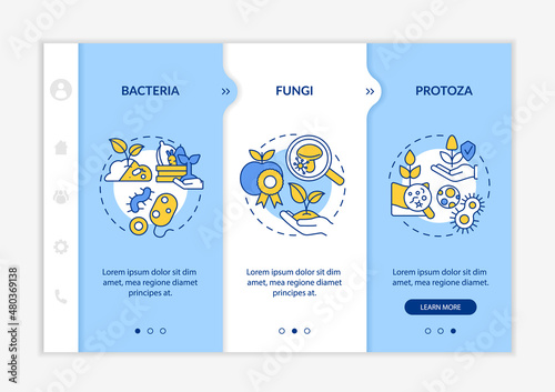 Microorganisms in agriculture blue and white onboarding template. Responsive mobile website with linear concept icons. Web page walkthrough 3 step screens. Lato-Bold, Regular fonts used