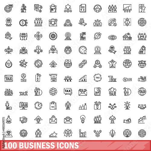 100 business icons set, outline style