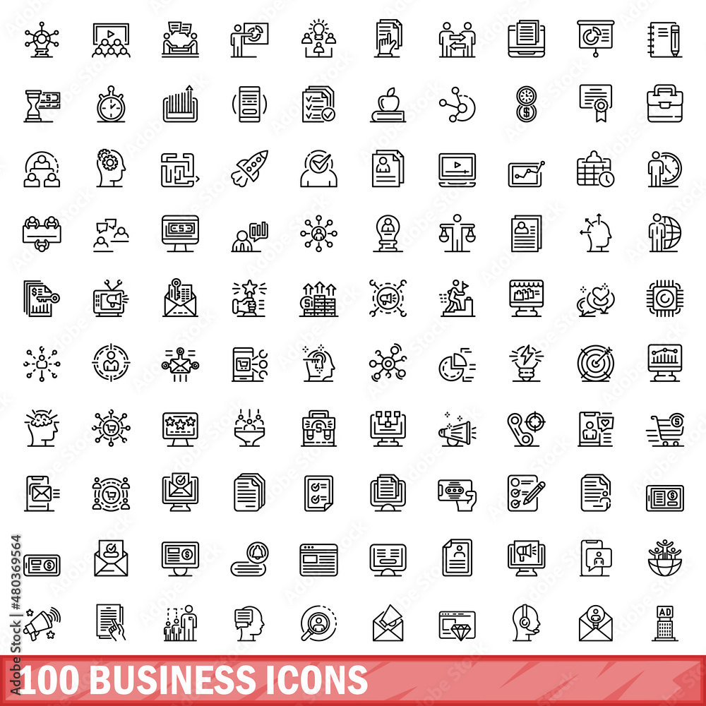 100 business icons set, outline style 100 business icons set, outline style