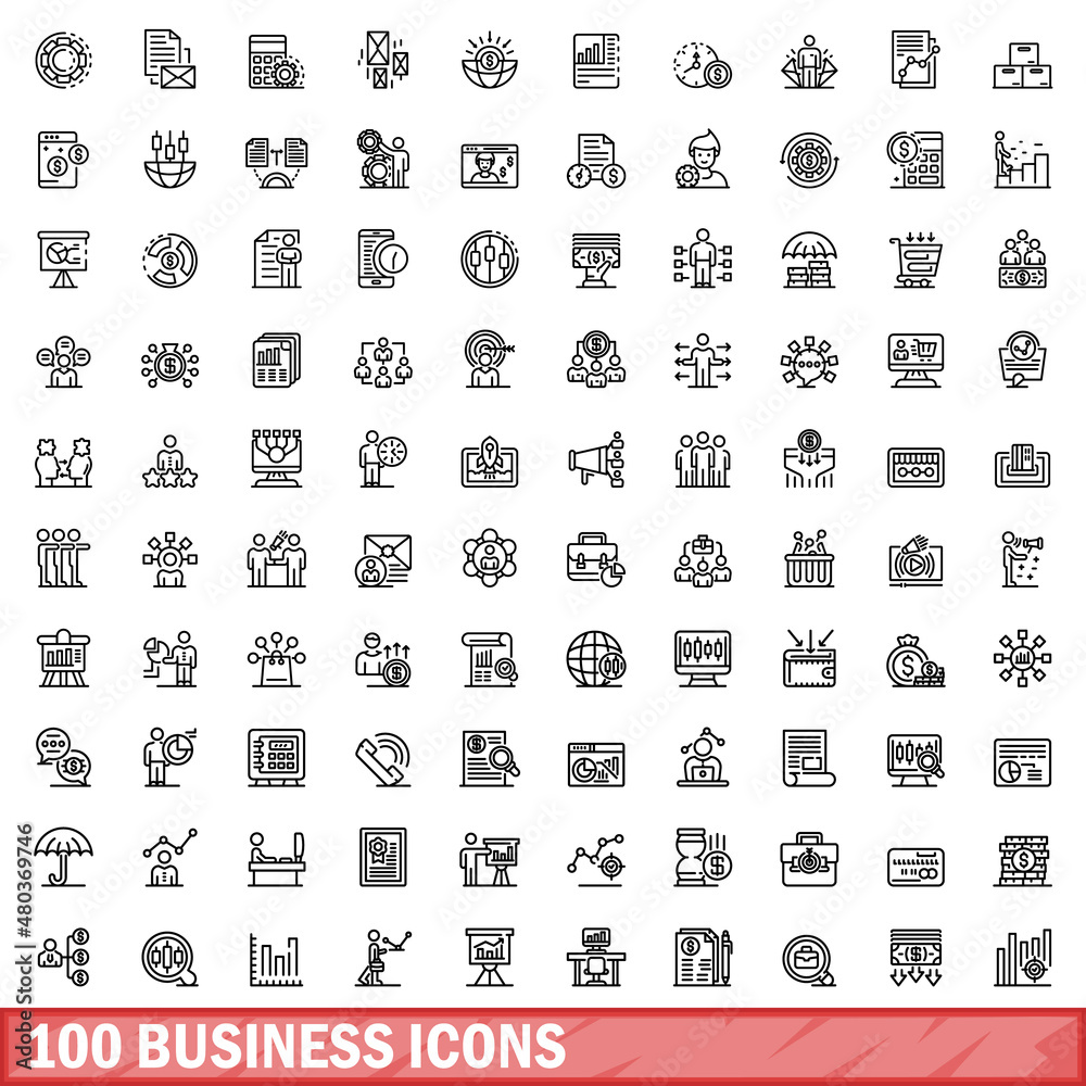 Fototapeta 100 business icons set, outline style