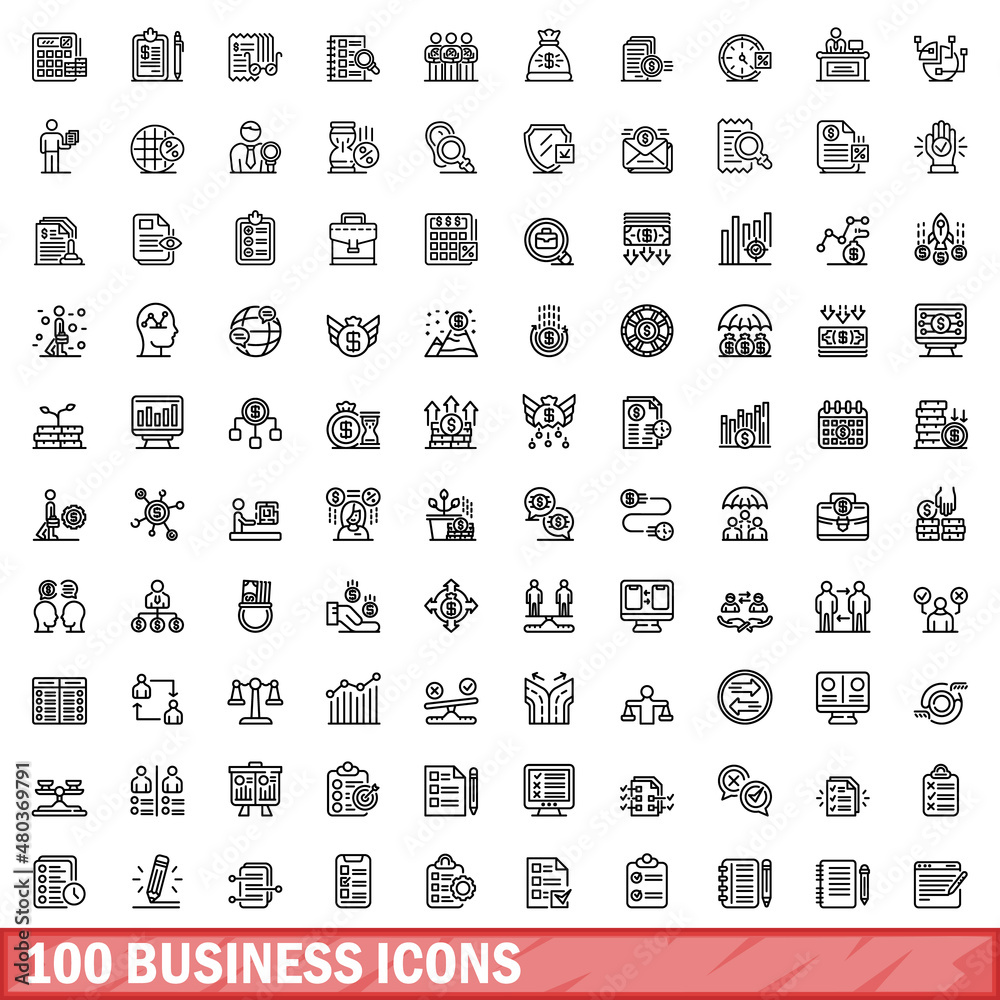 100 business icons set, outline style 100 business icons set, outline style