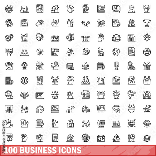 100 business icons set, outline style