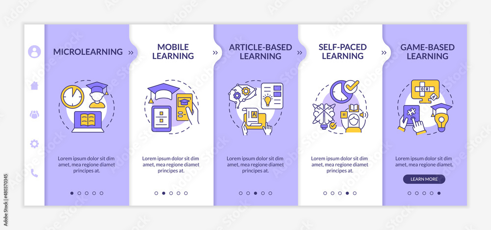 Elearning methods purple and white onboarding template. Digital education. Responsive mobile website with linear concept icons. Web page walkthrough 5 step screens. Lato-Bold, Regular fonts used