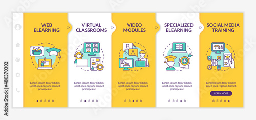 Elearning types yellow onboarding template. Online education. Responsive mobile website with linear concept icons. Web page walkthrough 5 step screens. Lato-Bold, Regular fonts used