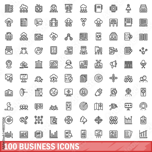 100 business icons set, outline style