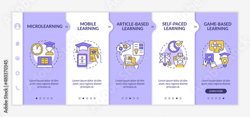 Elearning methods purple and white onboarding template. Digital education. Responsive mobile website with linear concept icons. Web page walkthrough 5 step screens. Lato-Bold, Regular fonts used