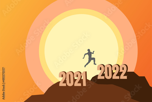 Jumping Man Male from 2021 to 2022 with Sunrise Background Illustration Vector