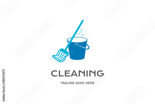 Simple Minimalist Bucket Pail Kibble with Mop for Cleaning Service Logo Design Vector