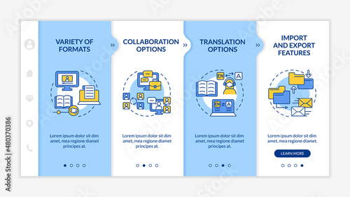 Elearning platforms blue and white onboarding template. Online education. Responsive mobile website with linear concept icons. Web page walkthrough 4 step screens. Lato-Bold, Regular fonts used