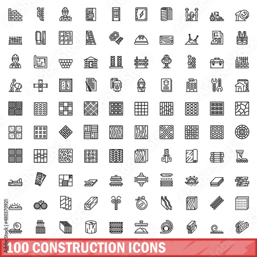 100 construction icons set, outline style