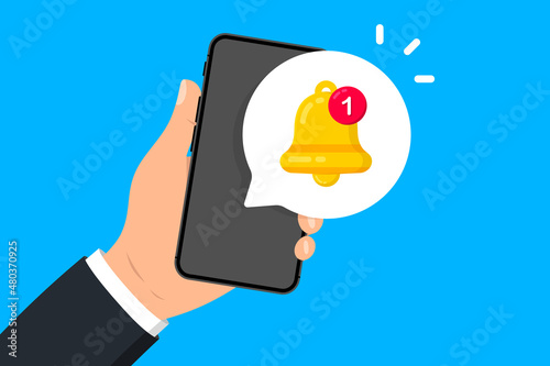 Hand holds phone with notification. Alert message on smartphone screen. New notification arrived. Notification concept of new message or other notice. Unread email. Vector illustration photo