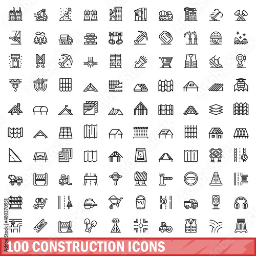 100 construction icons set, outline style