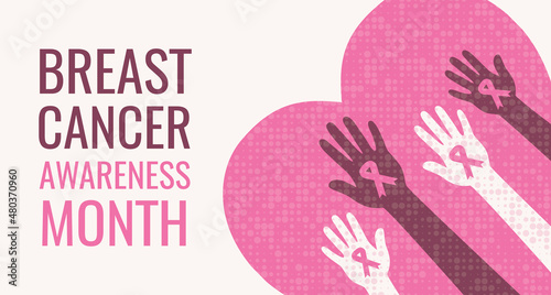Breast Cancer Awareness Month. Hands with Pink Ribbons. Vector illustration.