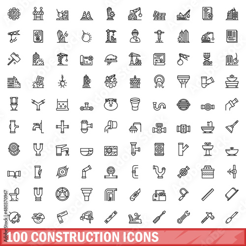 100 construction icons set, outline style