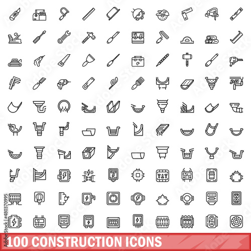 100 construction icons set, outline style