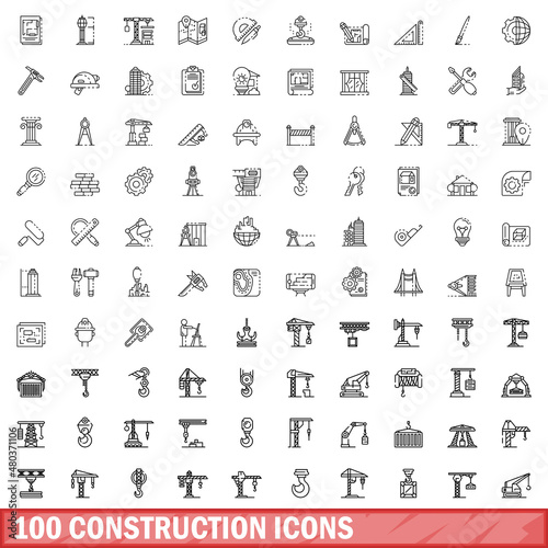 100 construction icons set, outline style photo