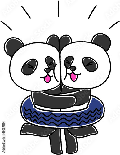 タイヤの中に入ってハグし合う双子のパンダのイラスト