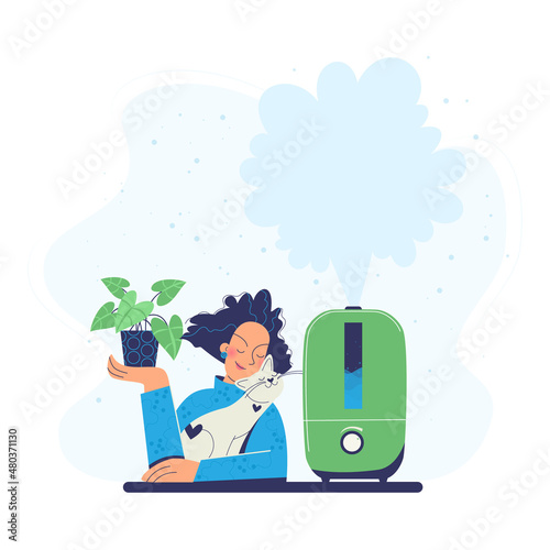 Man and technology. Woman and humidifier. A satisfied woman hugs a cat and holds a pot with a plant in her hand. Vector illustration in a flat style.