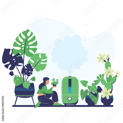 Man and technology. Woman, plants and humidifier. Satisfied woman holds a pot with a plant in her hand. Vector illustration in a flat style.