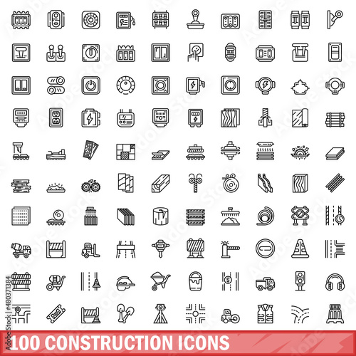 100 construction icons set, outline style
