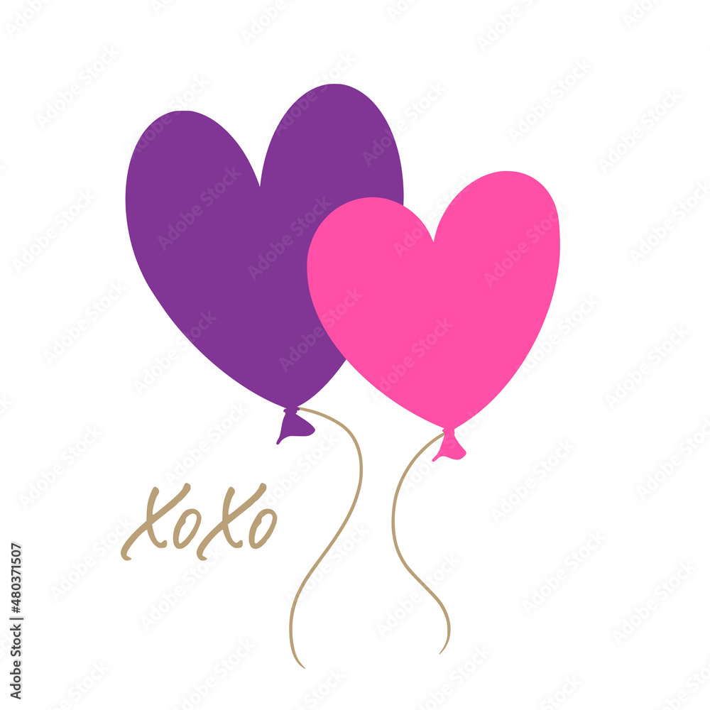 Flying heart shaped balloons. Xo xo. Valentine’s Day love card.