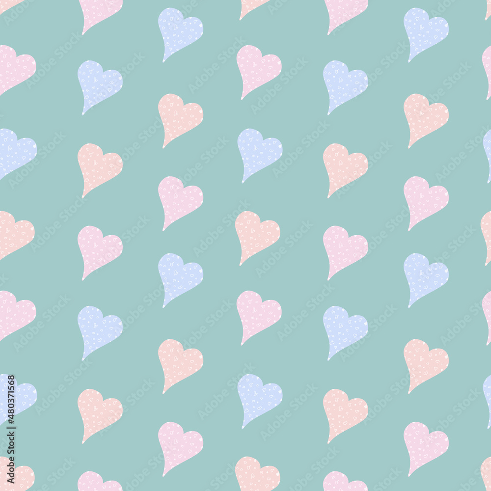 Seamless pattern with hearts. Pastel hearts on a blue background. Hand drawing for notebooks, stationery, diaries and textiles. St. Valentines Day.