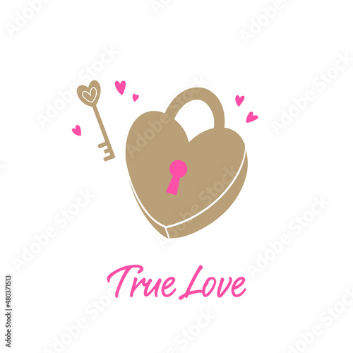True love text. Heart door lock with a key. Valentine’s Day love card.