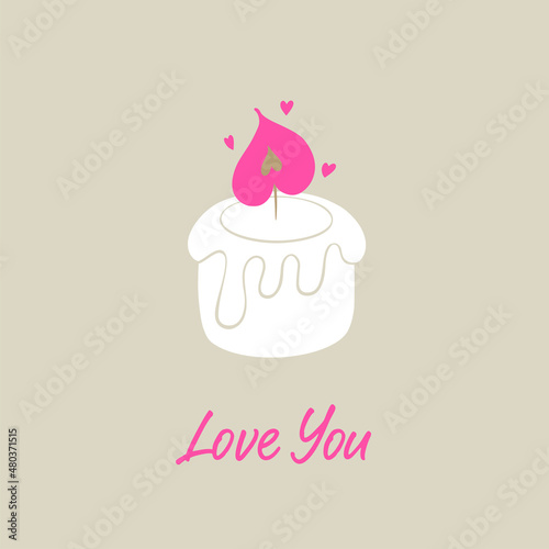 Love you text. Heart shaped burning candle. Valentine’s Day love card.