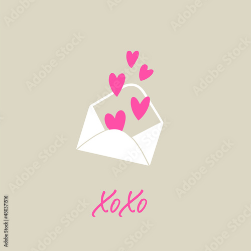 Love letter with hearts. Envelope with xoxo text. Valentine’s Day love card.