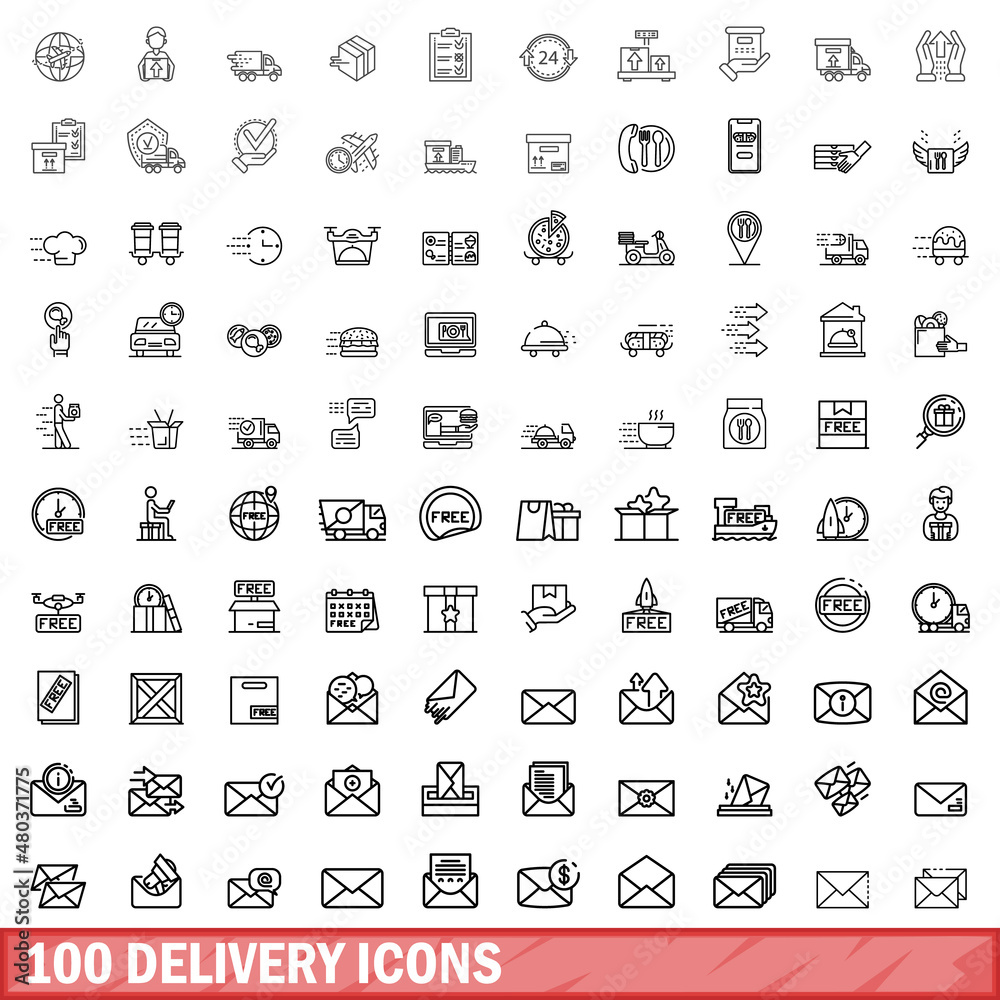 100 delivery icons set, outline style 100 delivery icons set, outline style