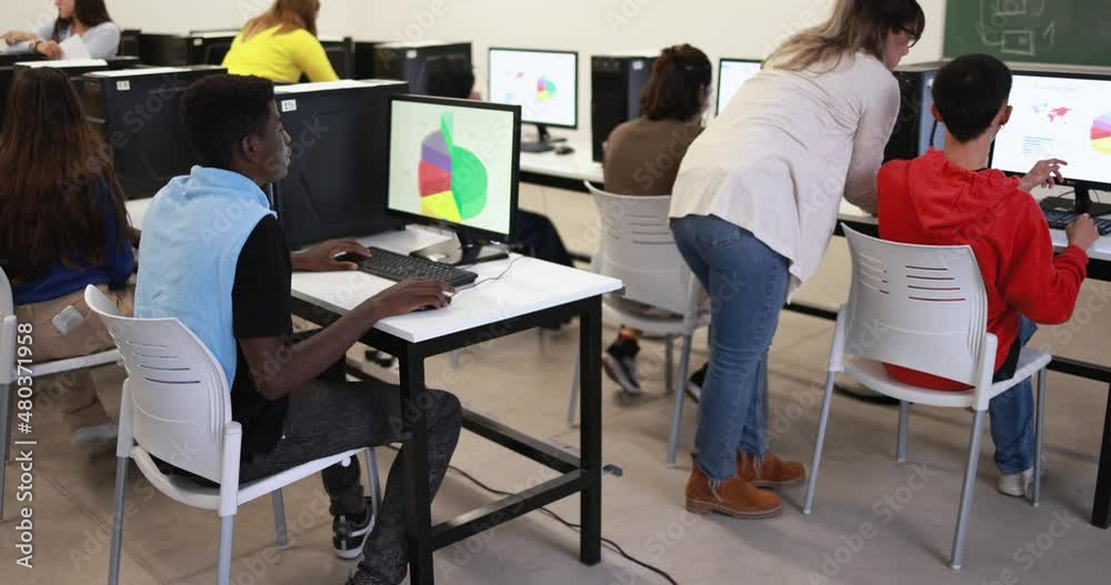 Teacher working with young students doing computer class at college school