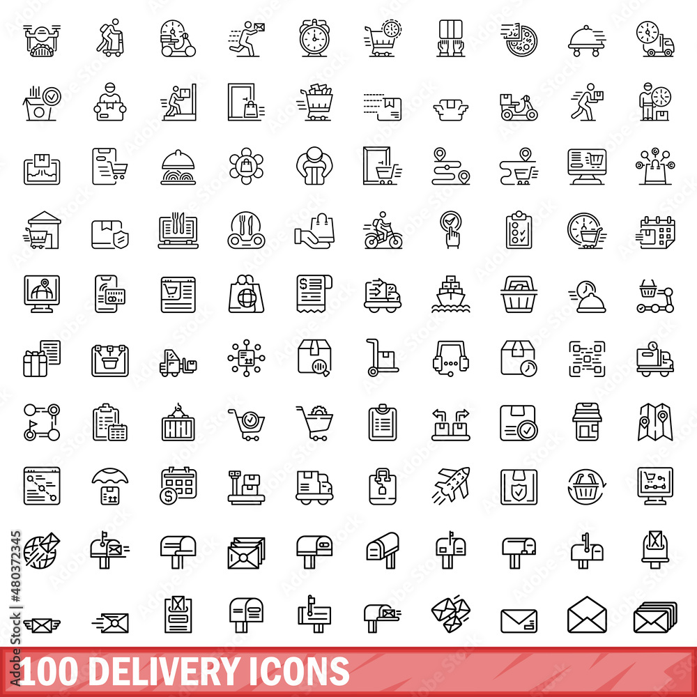 100 delivery icons set, outline style 100 delivery icons set, outline style