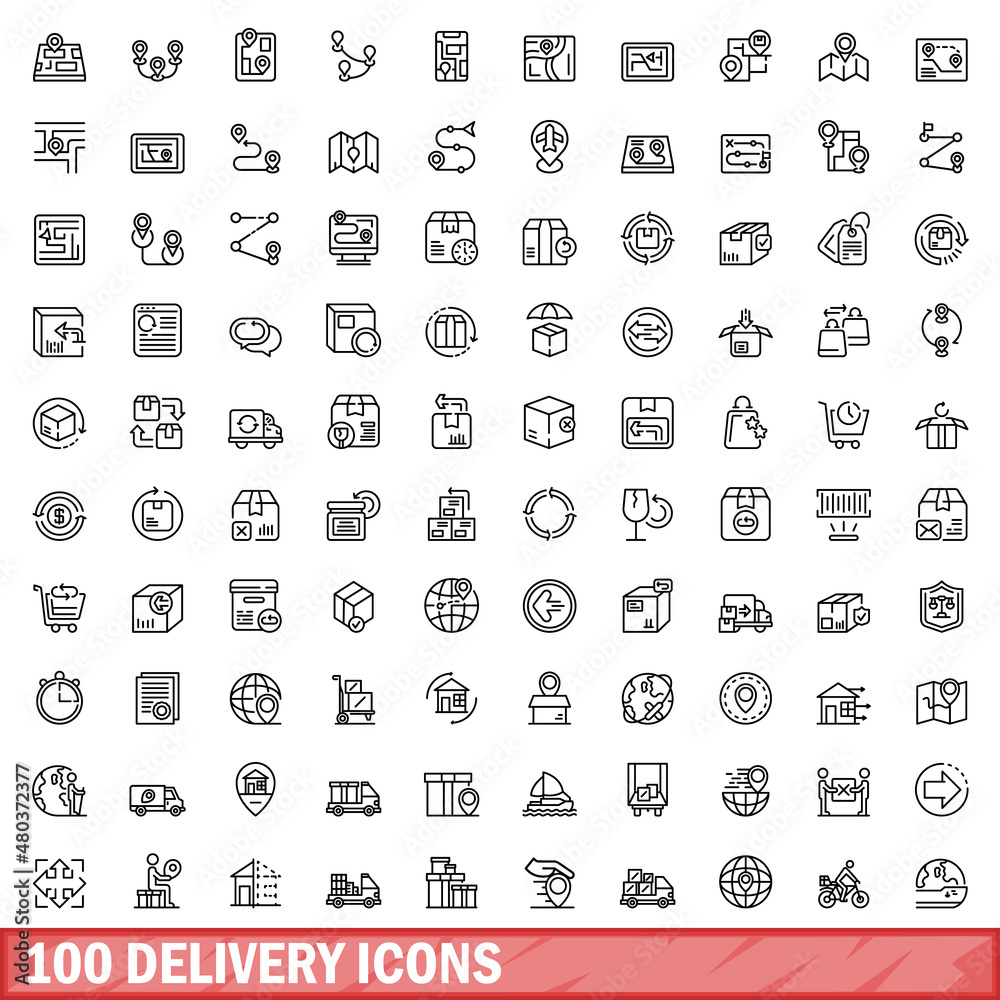 100 delivery icons set, outline style 100 delivery icons set, outline style