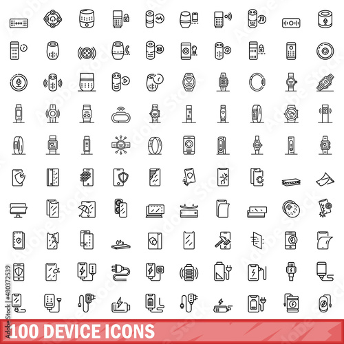 100 device icons set, outline style