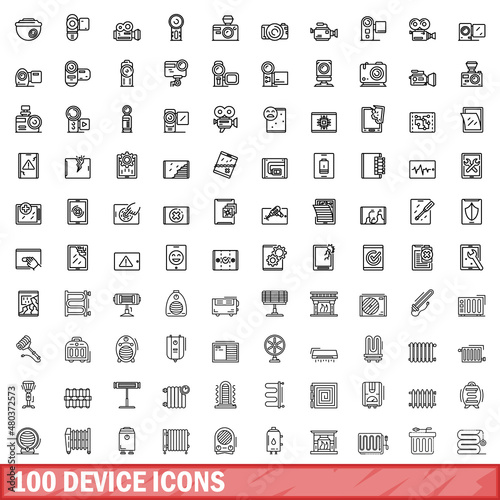 100 device icons set, outline style