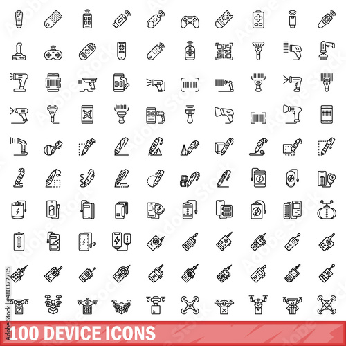 100 device icons set, outline style