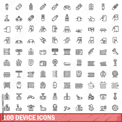 100 device icons set, outline style
