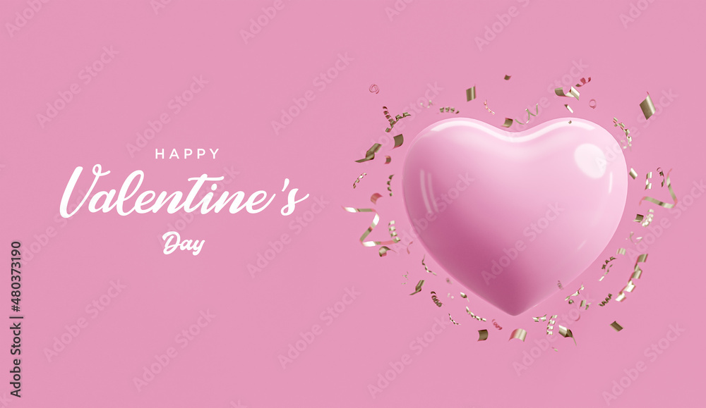 Happy valentine's day pink heart decoration in romantic pink background banner 3d render 
