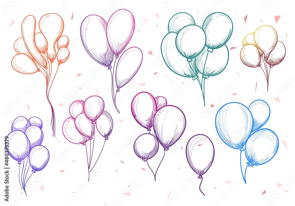Hand drawn sketch colorful balloons mega set design