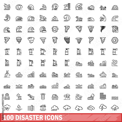 100 disaster icons set, outline style