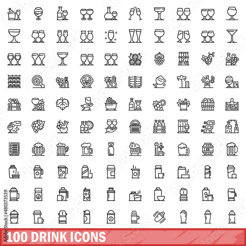 100 drink icons set, outline style
