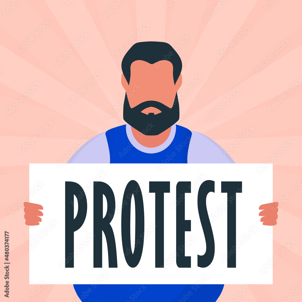 Brutal man with a banner in his hands. Protest concept. Cartoon style.