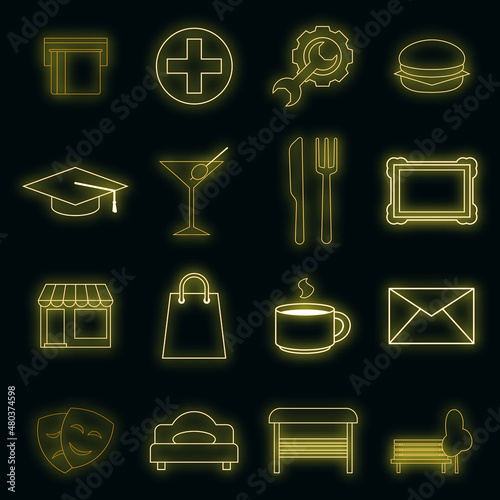 Map landmarks objects icons set vector neon